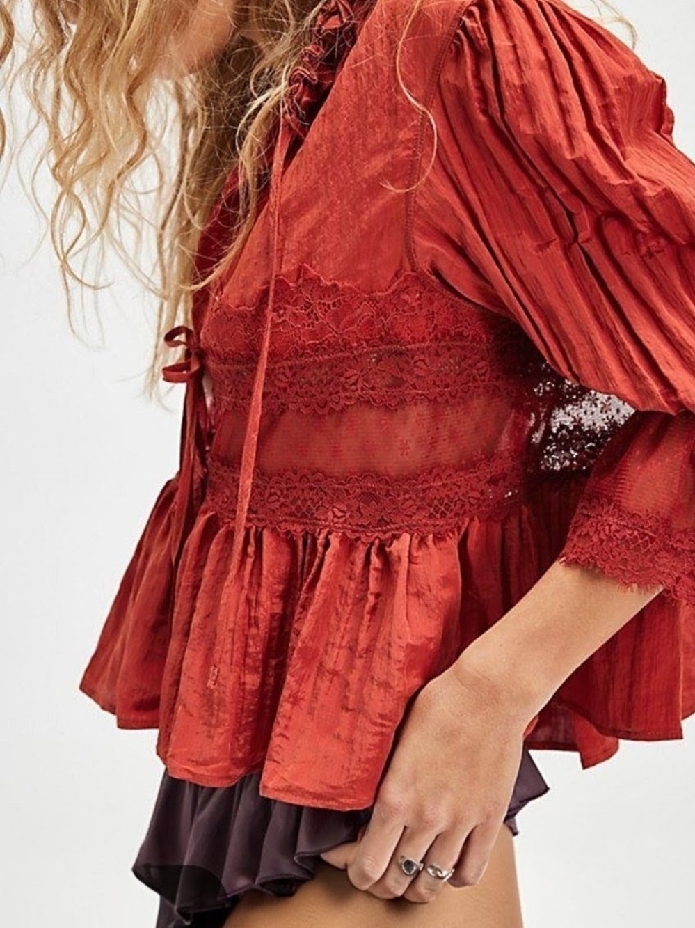 Intimately Free People Forever Young Bed Jacket Lace Peplum Top Red Orange -S